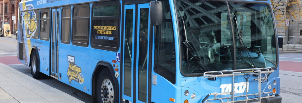 TARTA Bus wrapped with Toledo Walleye Hockey graphics to promote the Walleye Shuttle.